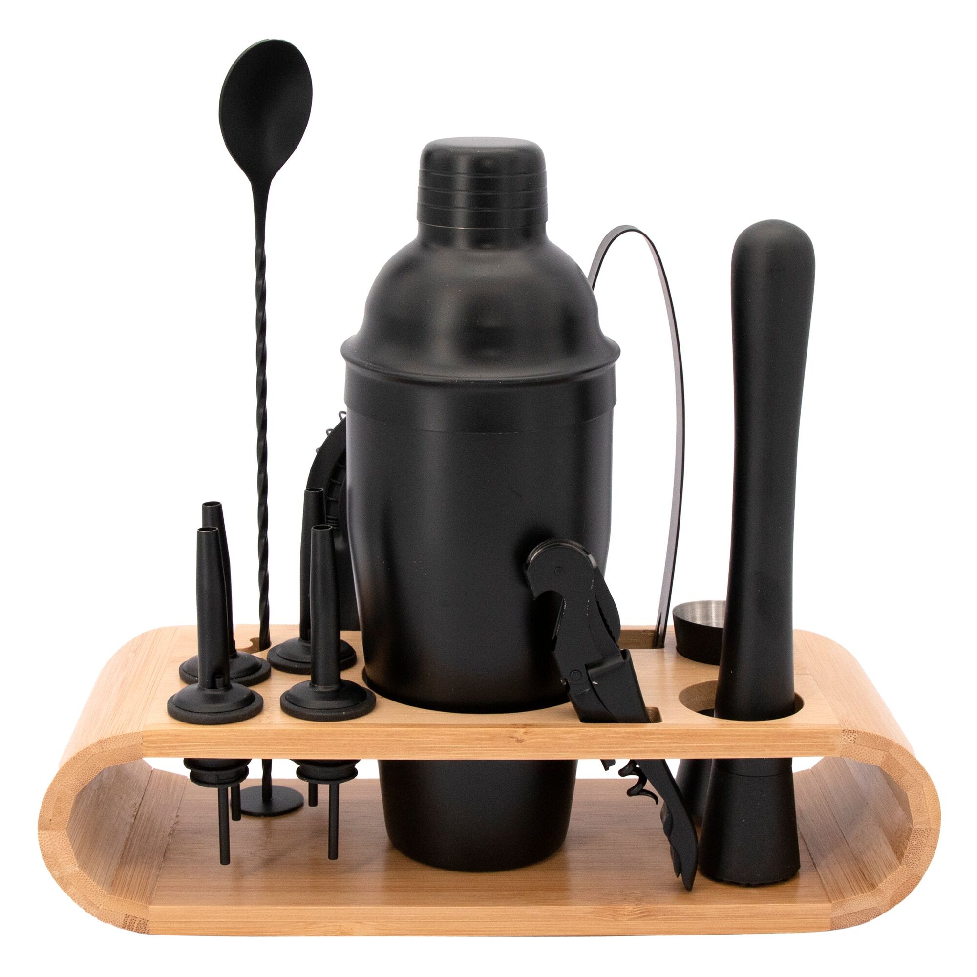 BAR BUTLER MATTE BLACK COCKTAIL BAR TOOLS ON A BAMBOO CADDY 12PCS SET