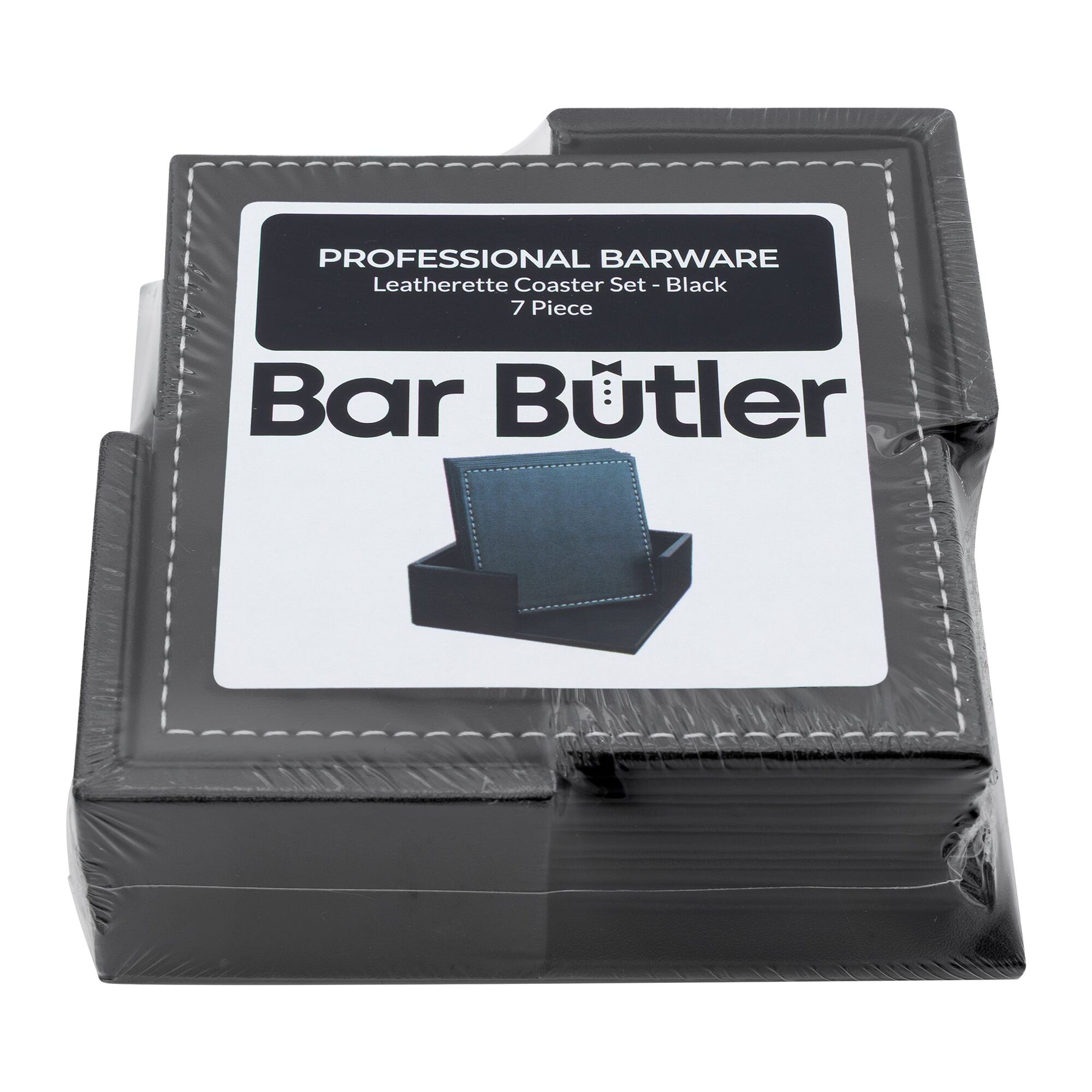 BAR BUTLER SQUARE LEATHERETTE COASTERS IN HOLDER 7PK SET