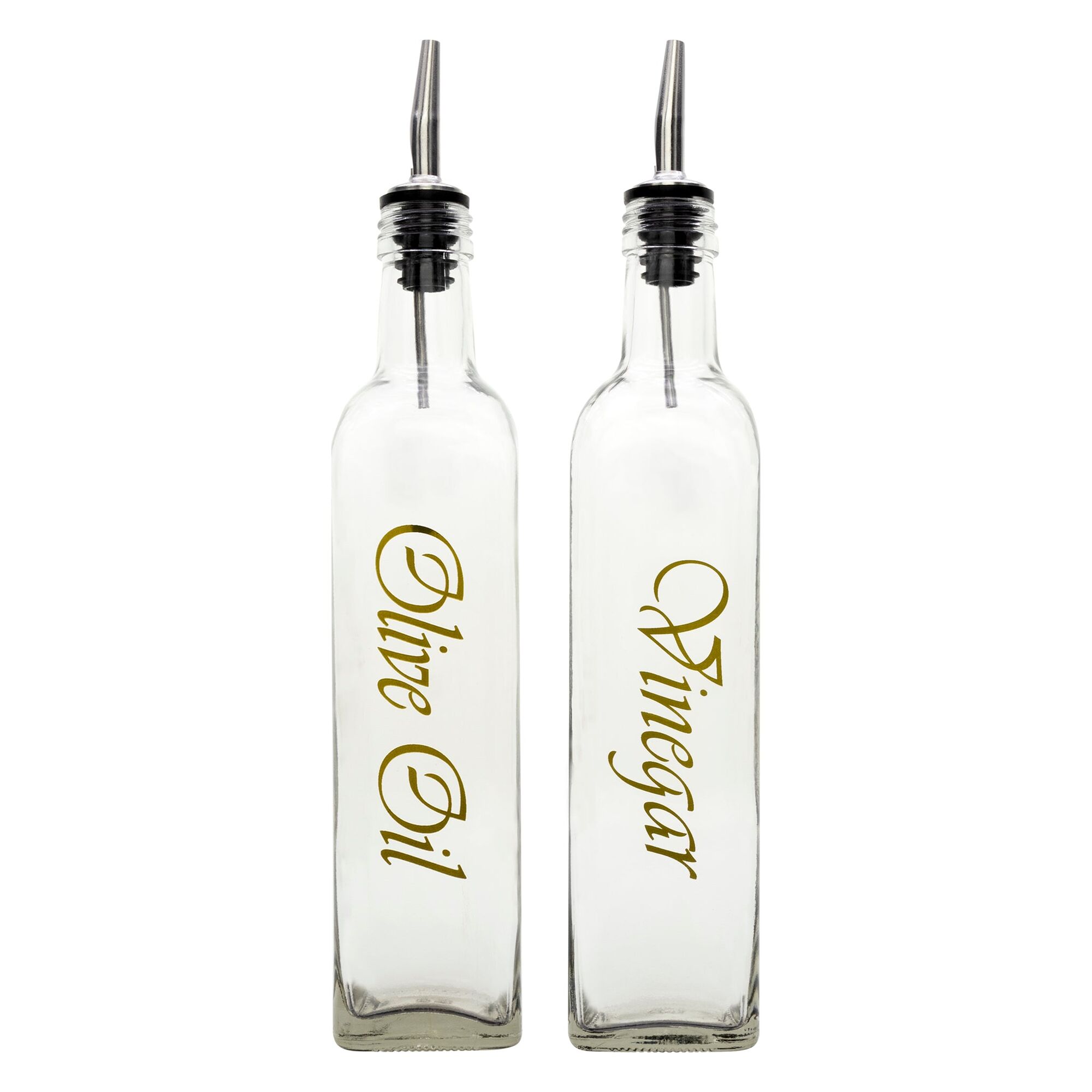 REGENT SQUARE OLIVE OIL & VINEGAR BOTTLES WITH GOLD PRINT AND POURERS EA, 500ML