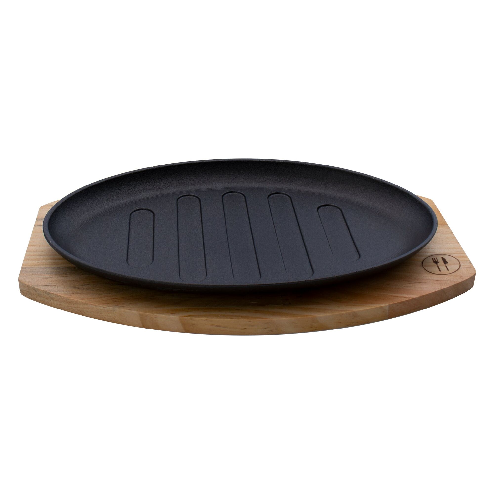 REGENT COOKWARE CAST IRON OVAL STEAK PLATE ON A WOODEN BOARD, 300X180MM