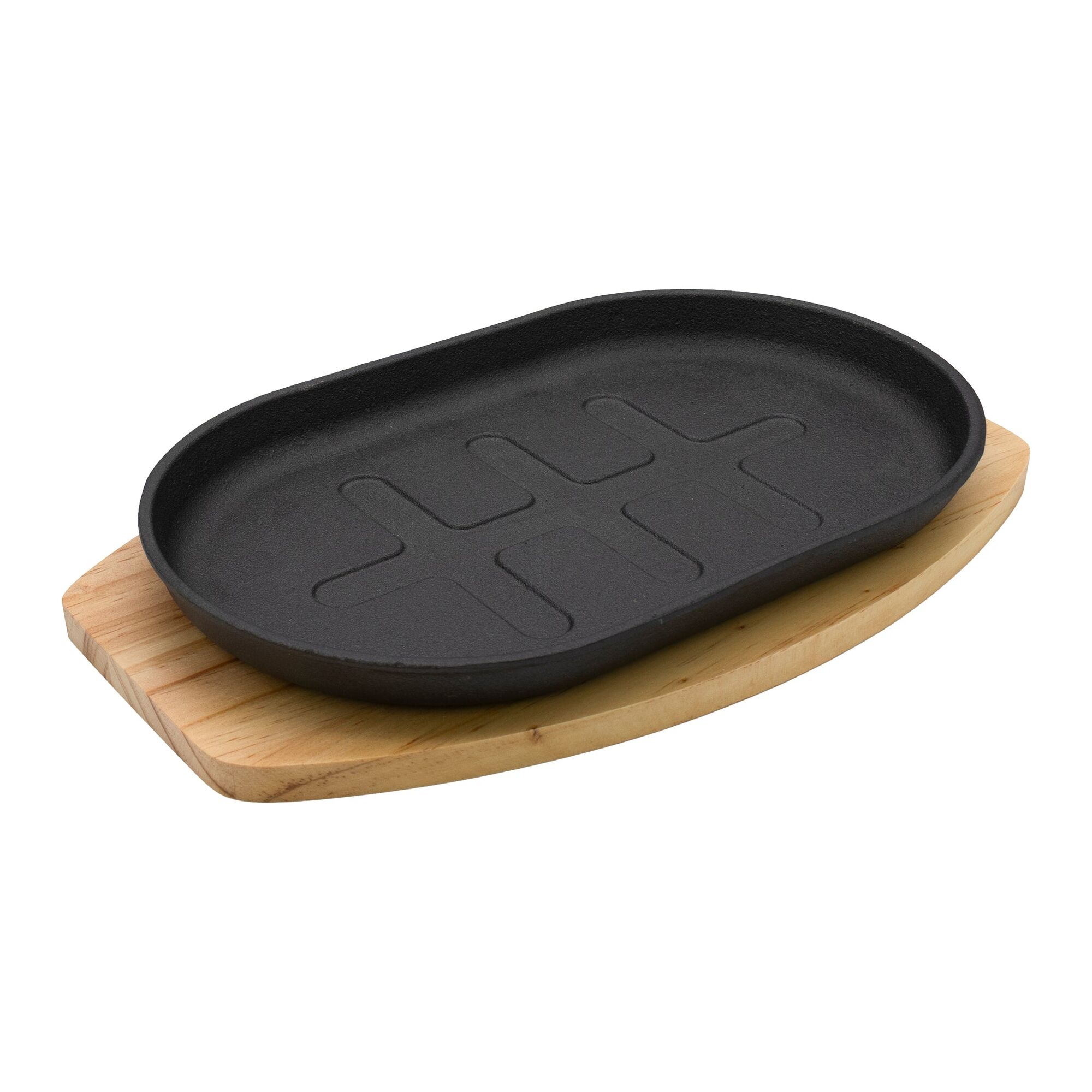 REGENT CAST IRON OVAL STEAK PLATE ON A WOODEN BOARD 270X170XMM