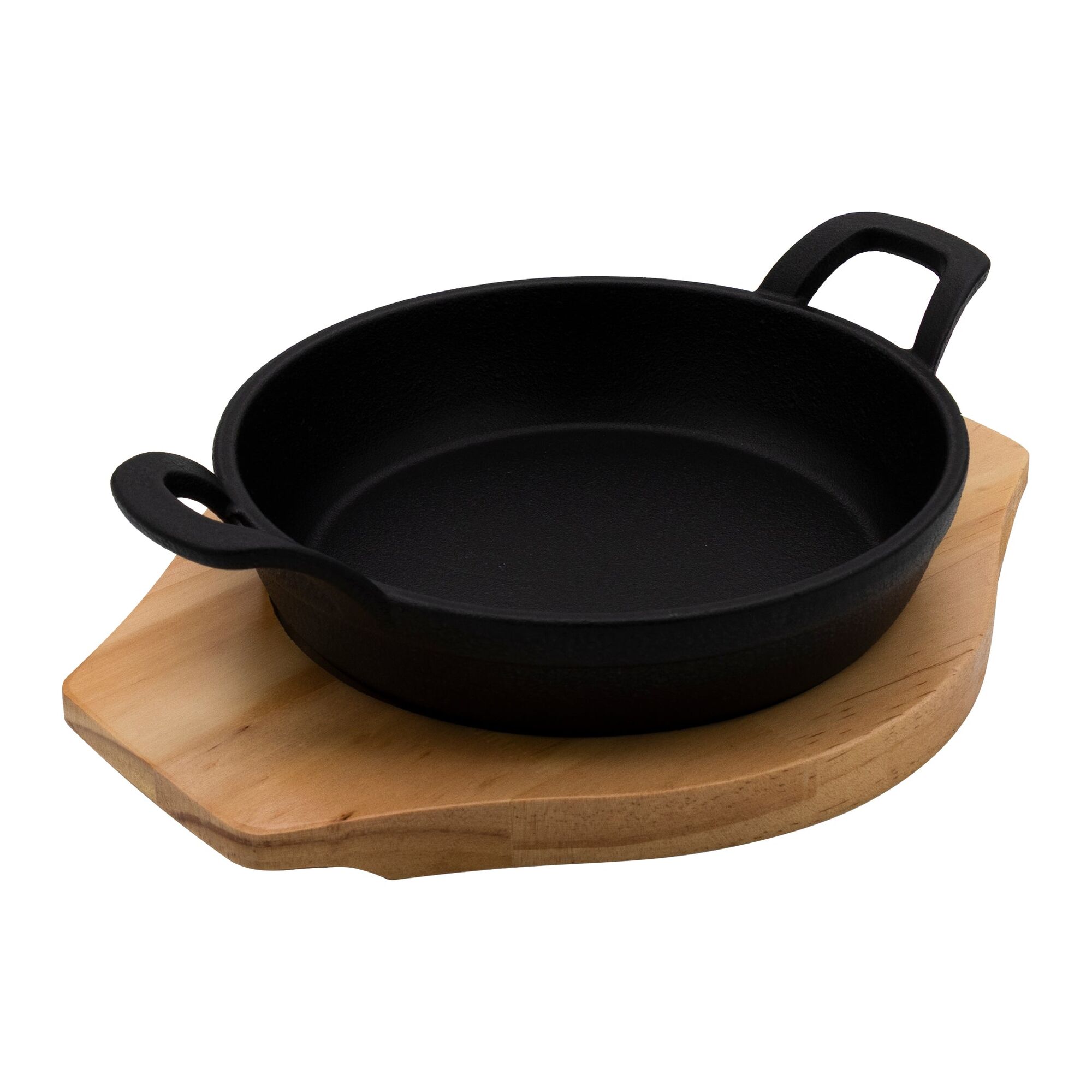 REGENT COOKWARE CAST IRON PAN WITH 2 HANDLES ON A WOODEN BOARD, 245/180MM DIAX45MM