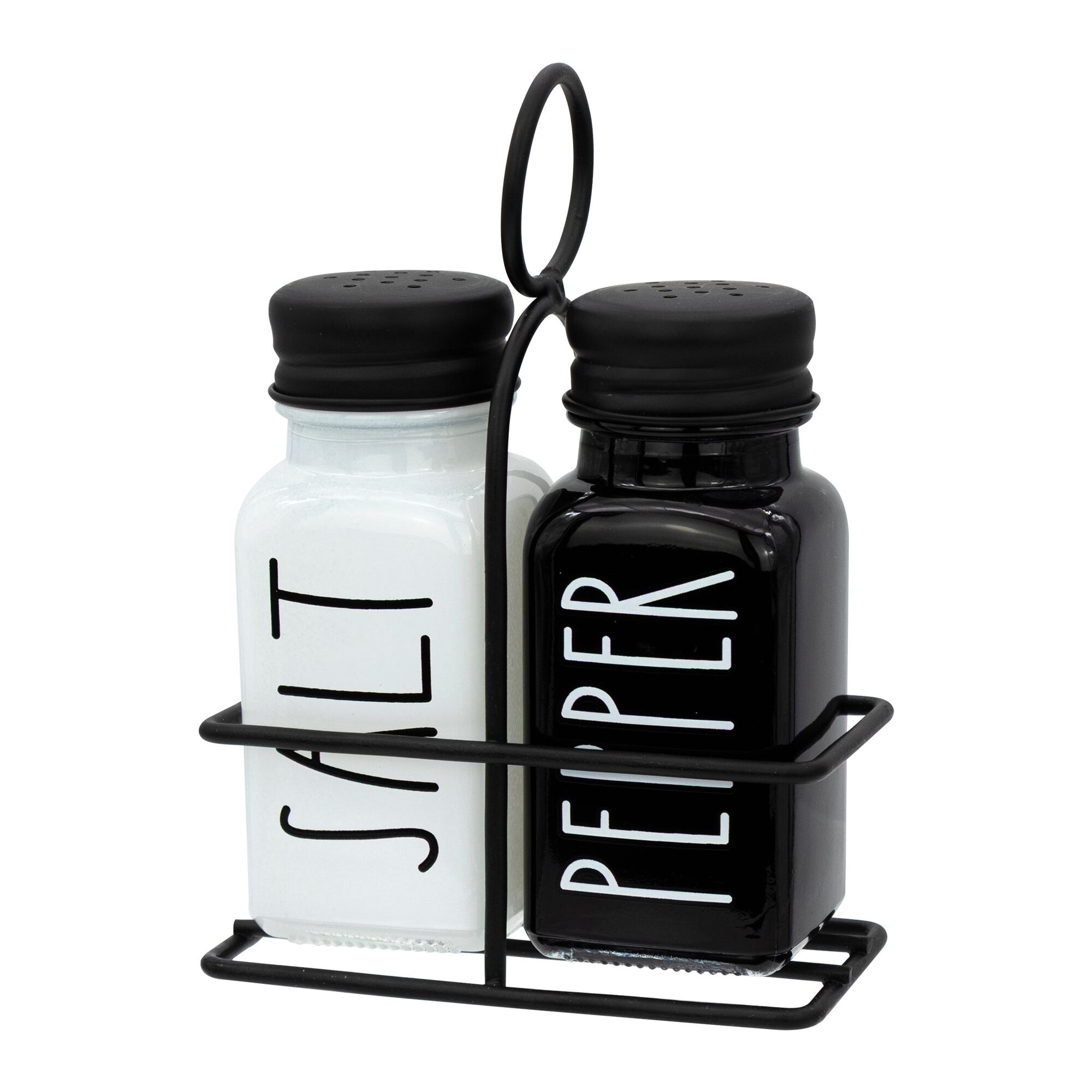 REGENT GLASS BLACK AND WHITE SALT & PEPPER SHAKERS IN A BLACK CADDY 3PCS SET
