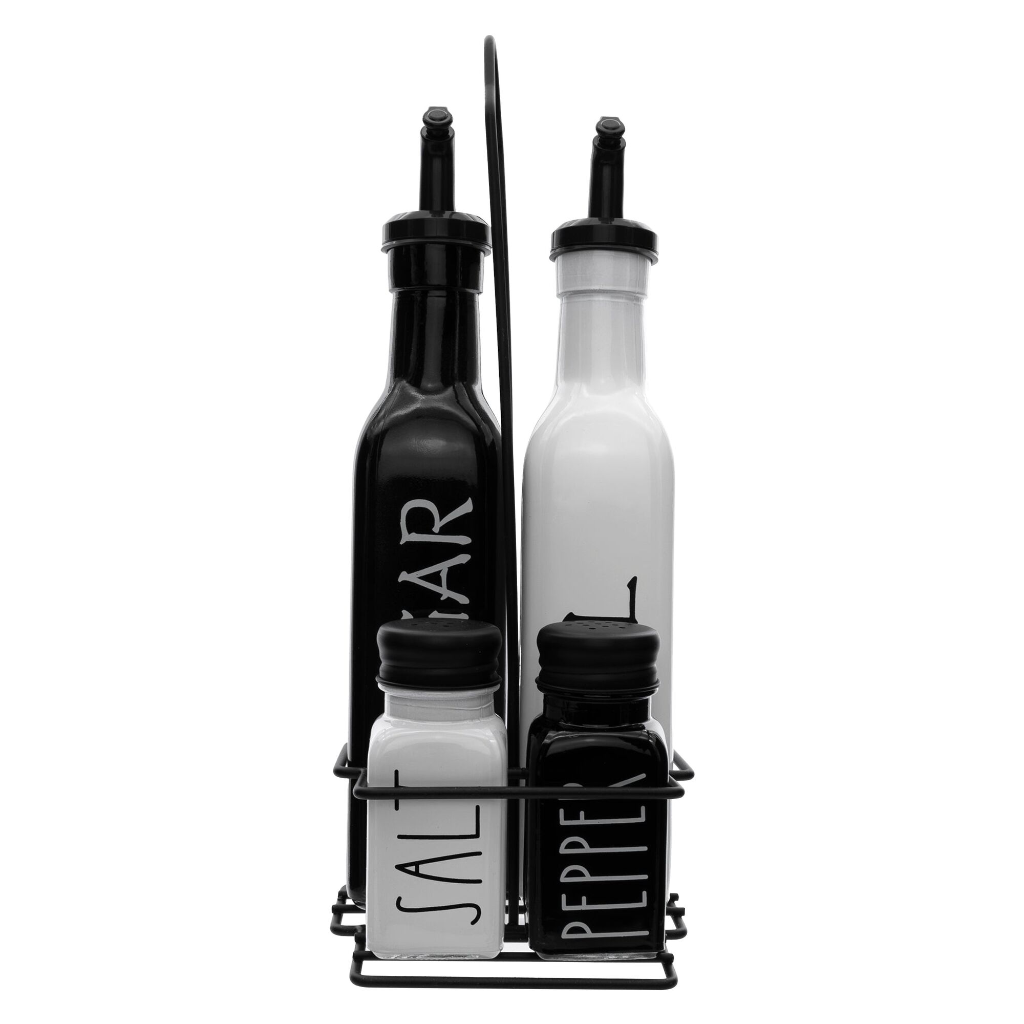 REGENT GLASS BLACK AND WHITE CONDIMENTS IN A CADDY 5PK SET, 250ML l 85ML