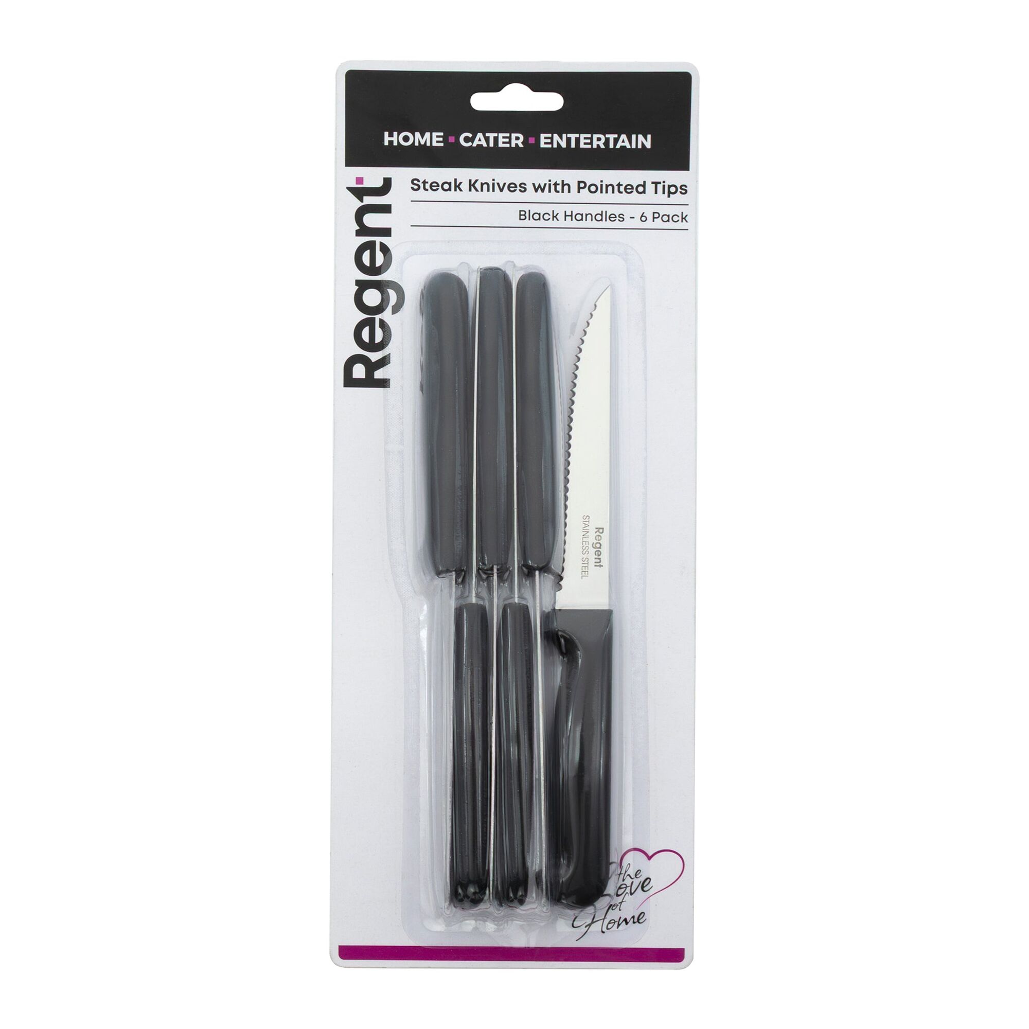 REGENT KITCHEN STEAK KNIVES WITH POINTED TIPS AND BLACK HANDLES 6PK, 210MM