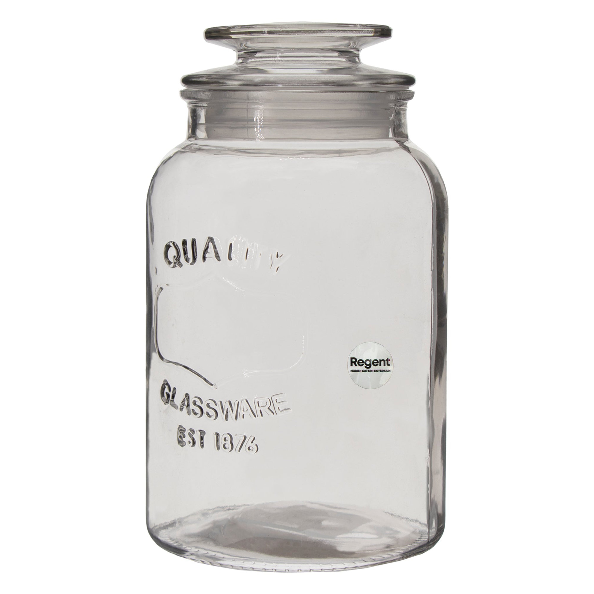 REGENT ROUND CANISTER `QUALITY` EMBOSSED WITH GLASS LID, 1L