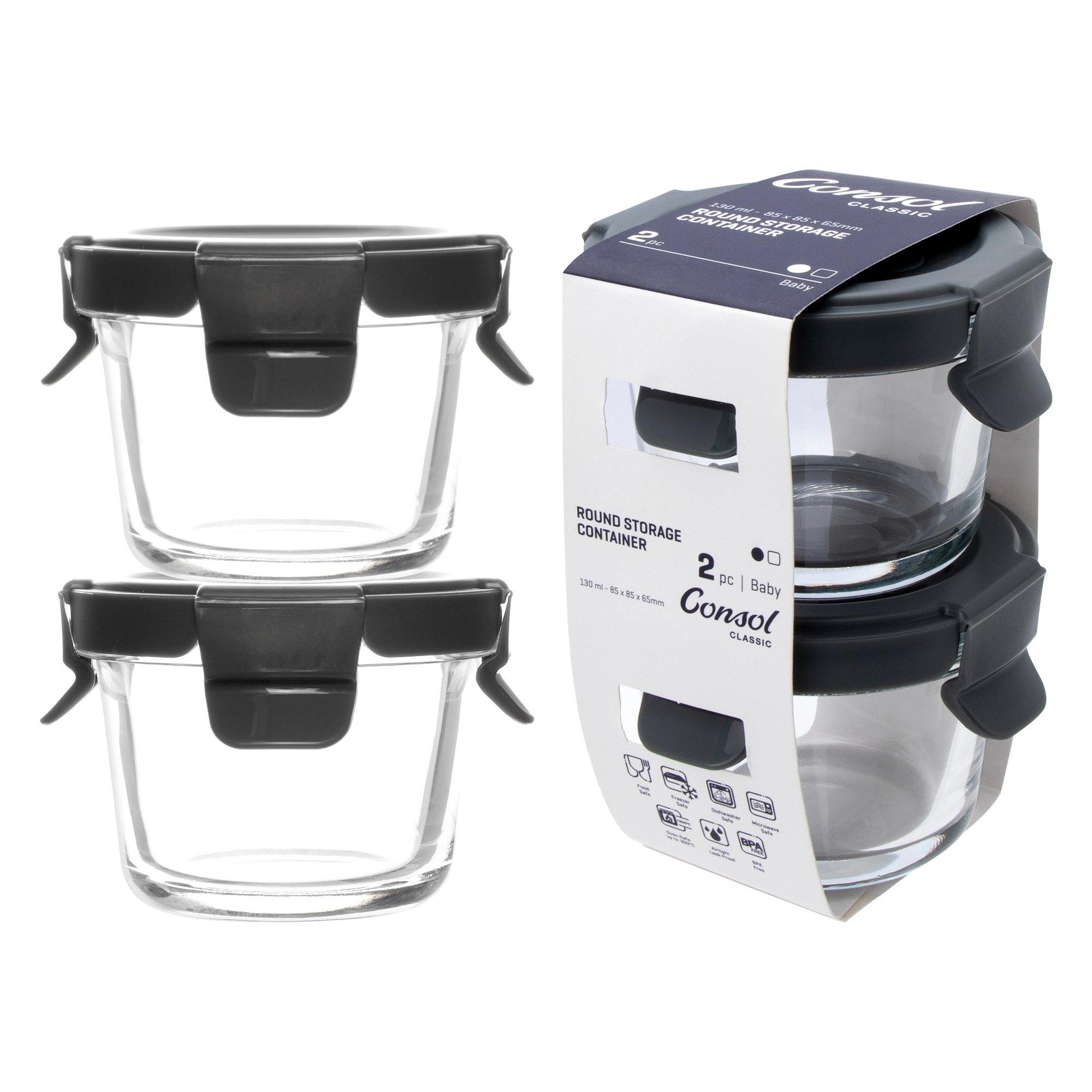 CONSOL ROUND GLASS BABY FOOD CONTAINERS WITH VENTED CLIP LIDS 2PK, 130ML