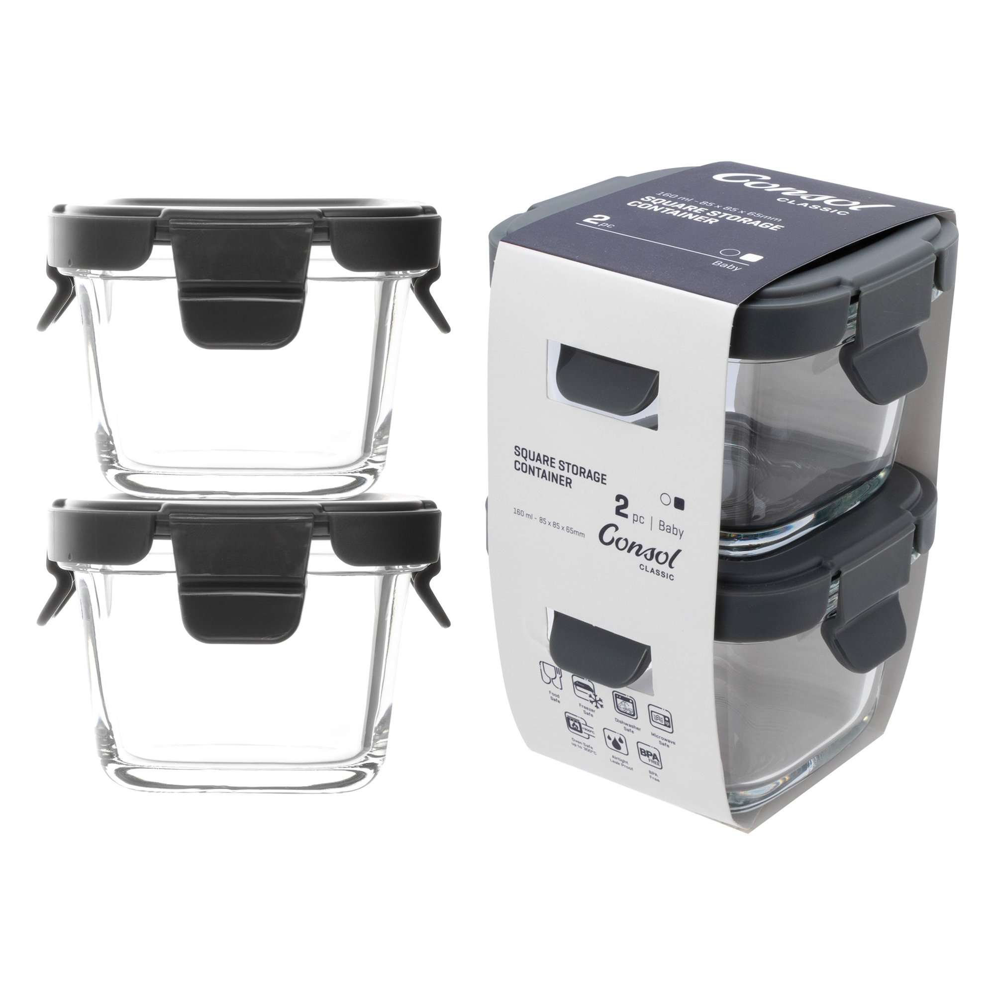 CONSOL SQUARE GLASS BABY FOOD CONTAINERS WITH VENTED CLIP LIDS 2PK, 160ML