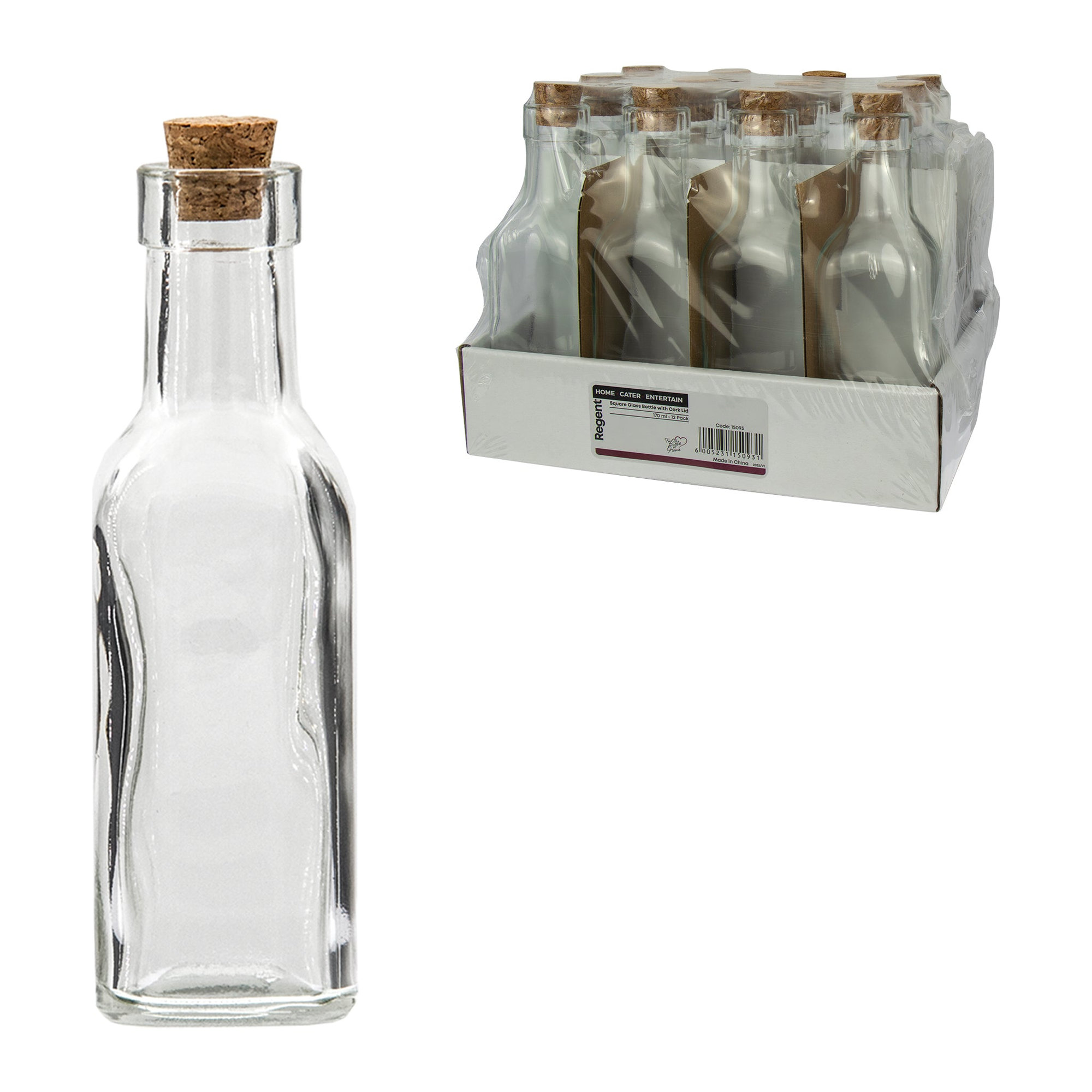 REGENT GLASS SQUARE BOTTLES WITH CORK LIDS 12PK, 170ML