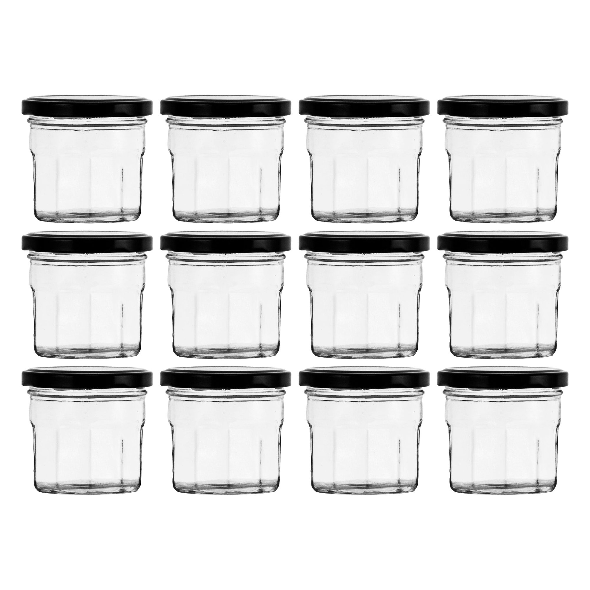 REGENT GLASS FACETED JARS WITH BLACK LIDS 12PK, 150ML