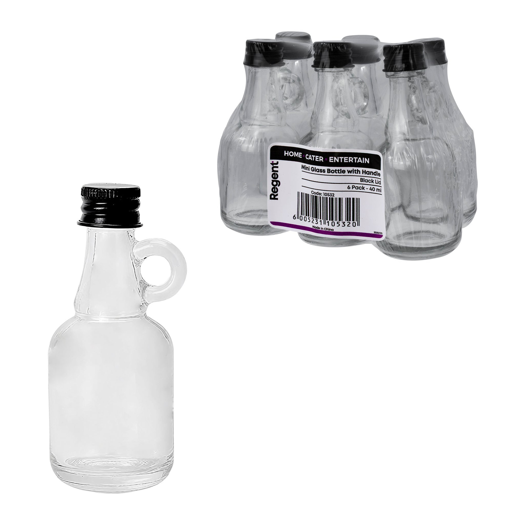 REGENT MINI GLASS BOTTLE WITH RING HANDLE AND BLACK LID 6PK, 40ML