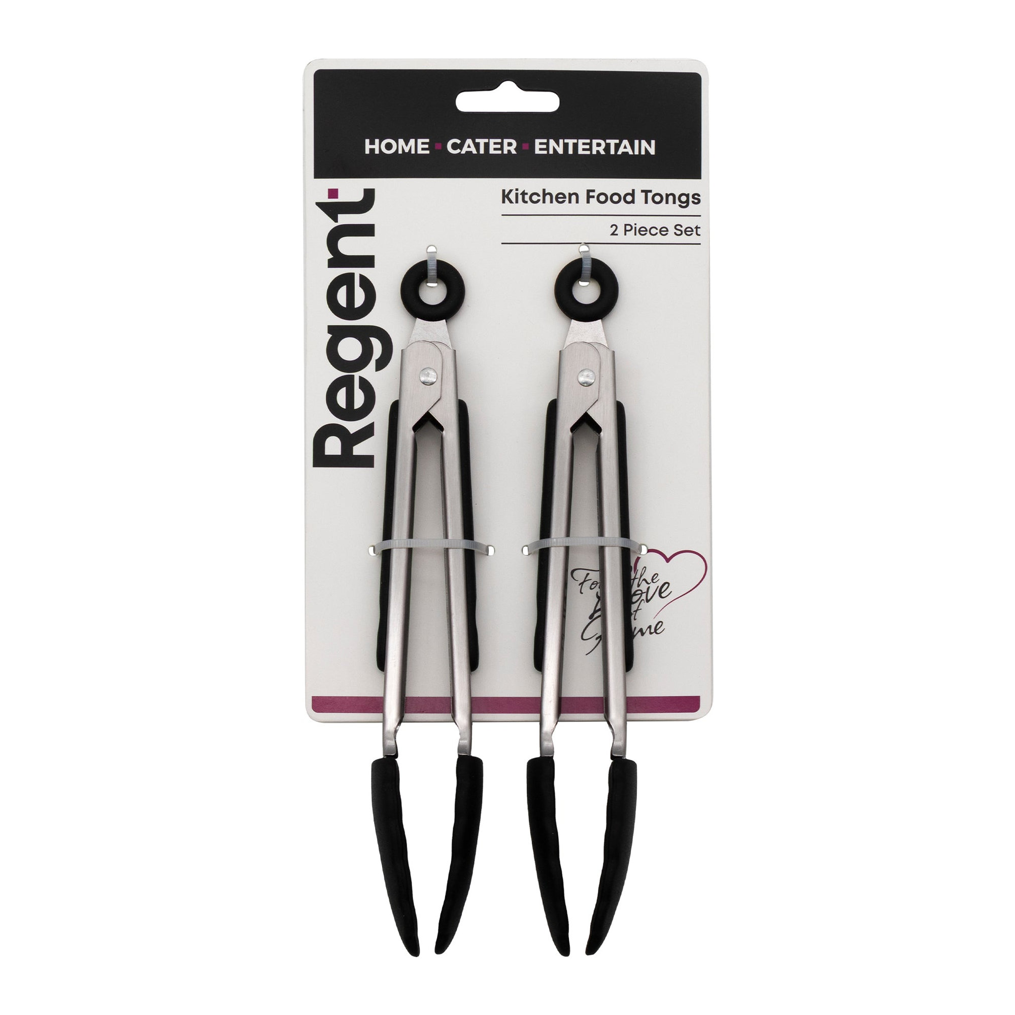 REGENT FOOD TONGS STAINLESS STEEL WITH BLACK SILICONE TIPS 2PK, 208MM